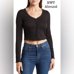 NWT ABOUND Pointelle Knit Button Up Y2K Style Crop Sweater in Jet Black size LG